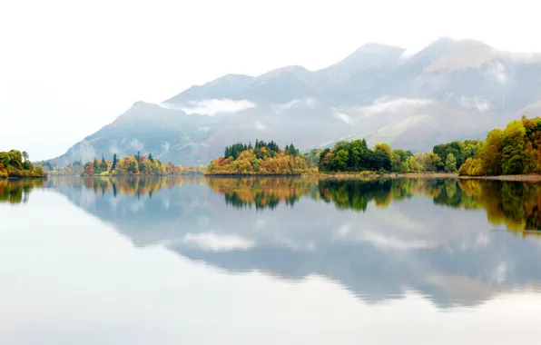 Картинка осень, деревья, горы, природа, туман, озеро, отражение, Англия, Великобритания, дымка