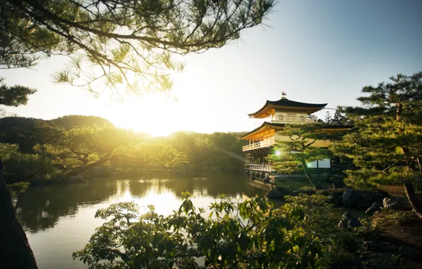 Картинка озеро, дом, архитектура, Kyoto, дервья, the Kinkakuji, золотой дворец