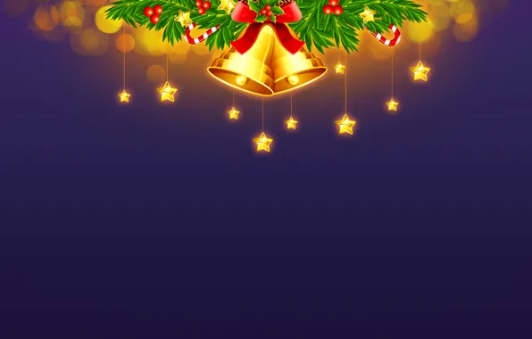 Картинка звезды, свет, игрушки, елка, новый год, рождество, ель, колокольчики