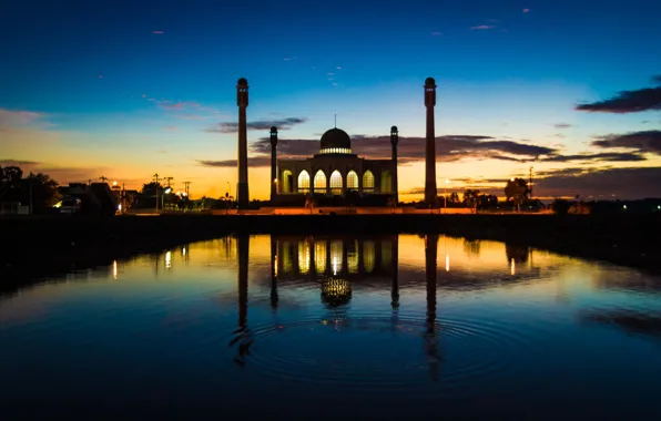 Картинка закат, город, здание, фонтан, мечеть