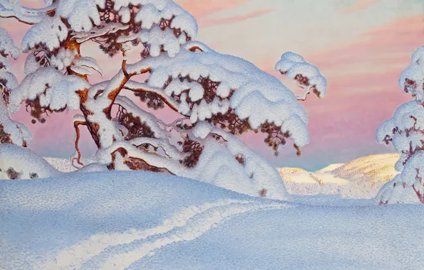 Картинка снег, тропа, сосна, Gustaf Fjaestad зима
