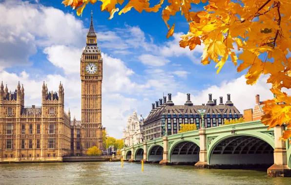 Картинка осень, небо, листья, облака, мост, река, фон, Англия, Лондон, здания, желтые, Великобритания, Темза, Биг-Бен, архитектура, …