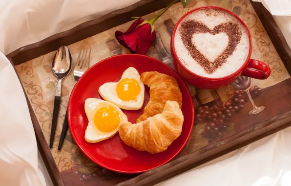 Картинка любовь, праздник, сердце, роза, кофе, завтрак, чашка, rose, flower, heart, выпечка, Valentine's Day, holiday, croissant, …