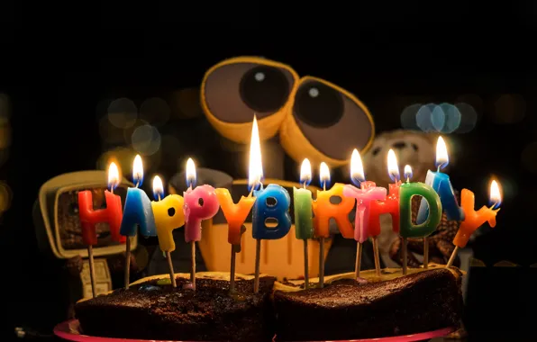 Картинка день рождения, робот, wall-e, пирог, валли, поздравление, happy birthday