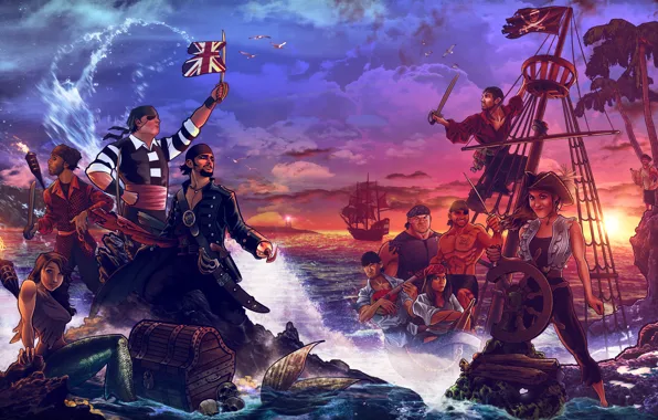 Картинка море, берег, корабль, остров, русалка, пираты, сундук, сокровища