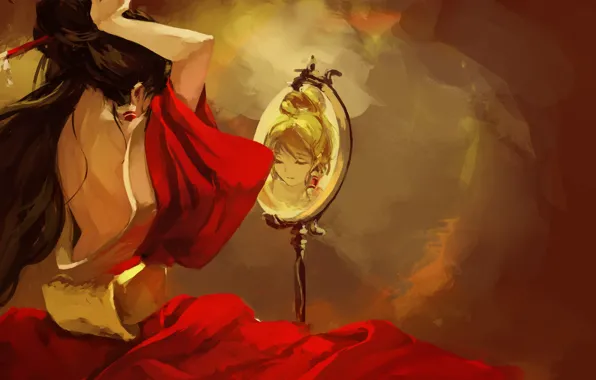 Картинка девушка, отражение, красное, платье, зеркало, арт, touhou, спиной, hakurei reimu, yaozhiligenius