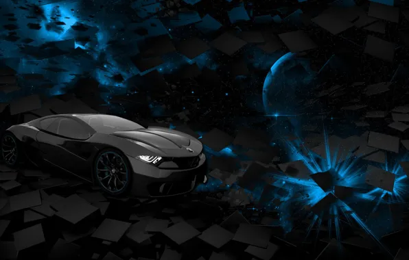 Картинка car, space, black, blue, square, background, planet, rendering