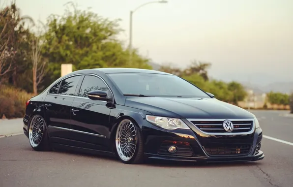 Картинка volkswagen, black, tuning, front, face, germany, low, stance, passat