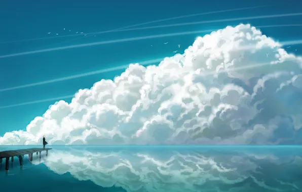 Картинка море, облака, чайки, аниме, девочка