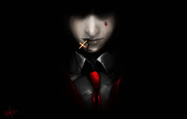 Картинка темный фон, кровь, демон, арт, галстук, вампир, парень, Hellsing, крестик, Alucard