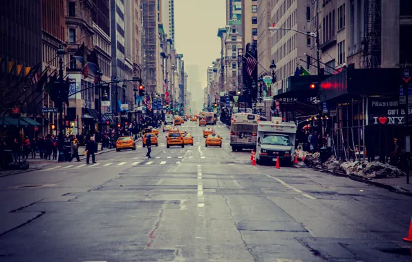 Картинка город, улица, небоскребы, такси, USA, америка, сша, New York City, нью йорк