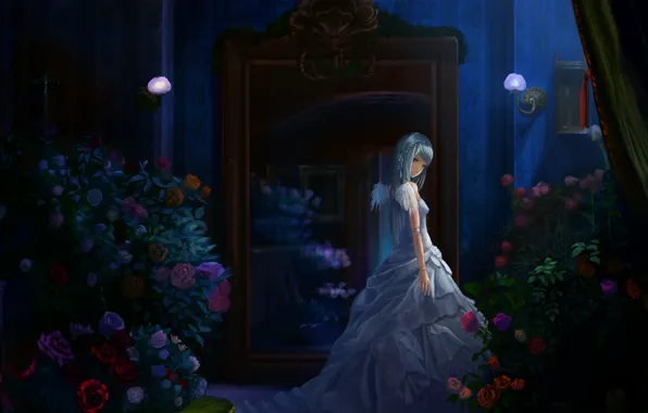 Картинка девушка, цветы, ночь, комната, крылья, свечи, платье, арт, rozen maiden, suigintou, букеты, сервант, akibakeisena