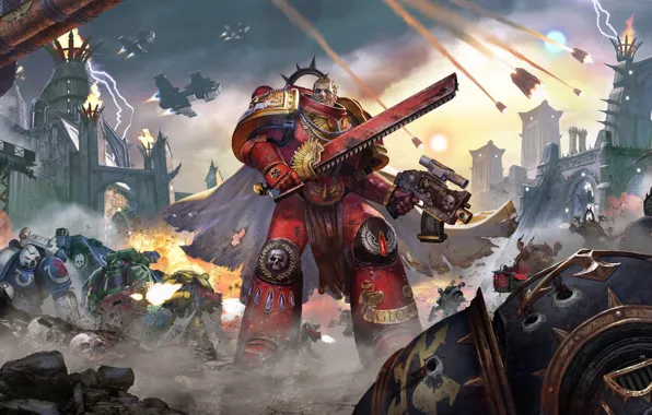 Картинка оружие, взрывы, корабли, меч, броня, битва, Eternal Crusade, Warhammer 4000
