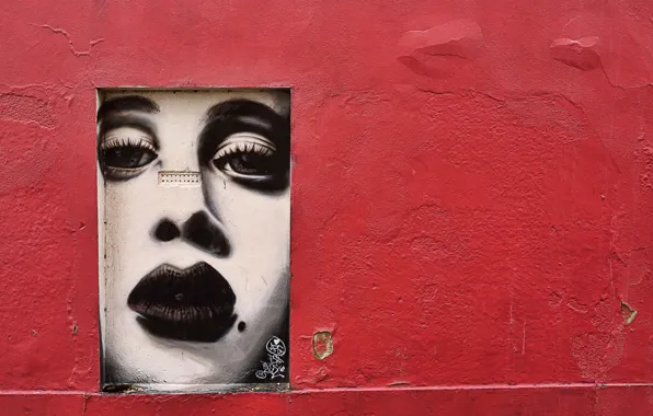 Картинка девушка, лицо, трещины, стена, граффити