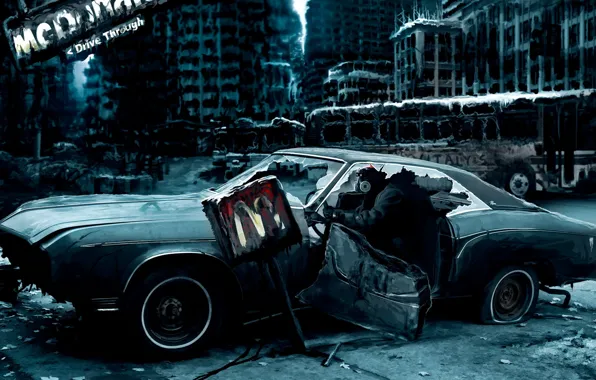Картинка город, апокалипсис, человек, Машина, противогаз, вывеска, Romantically Apocalyptic