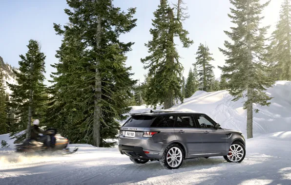 Картинка зима, машина, снег, деревья, горы, Land Rover, Range Rover, Sport, рендж ровер