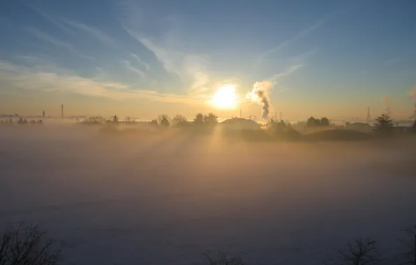 Картинка зима, солнце, снег, туман, дым, деревня