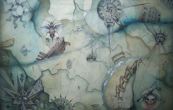 Картинка корабль, карта, жук, компас, треугольник, Enter Shikari