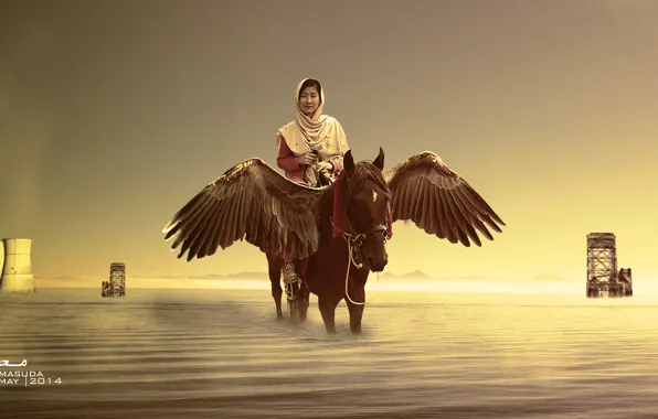 Картинка sea, wings, horse, she, worrior, fairtale, parry