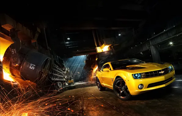 Картинка Chevrolet, Muscle, Camaro, Car, Front, Yellow, Bumblebee, Sparks