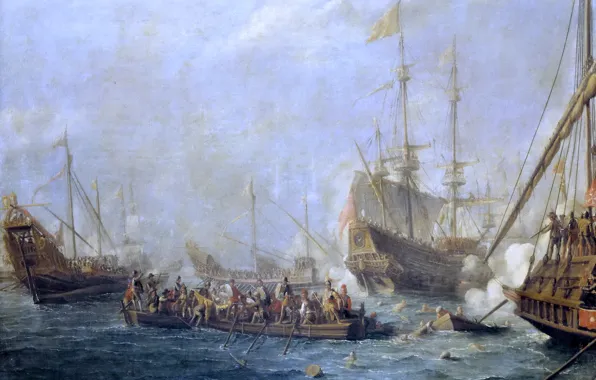 Картинка корабль, картина, Гаспар ван Эйк, Морской Бой между Турками и Мальтийскими Рыцарями
