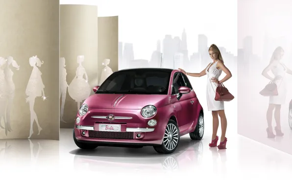 Картинка девушка, Машины, в белом, Fiat 500, розовый авто