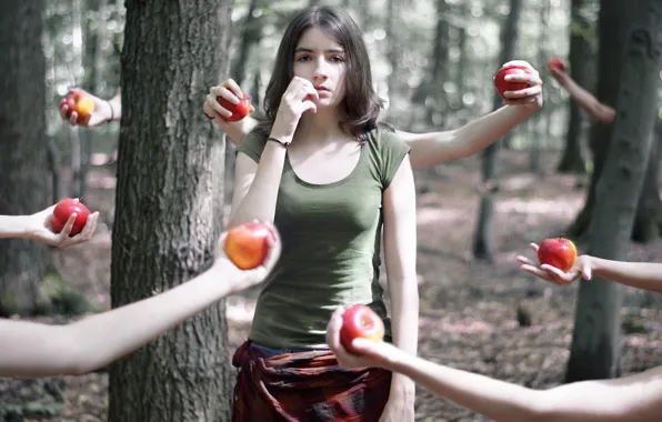 Картинка девушка, абстракция, яблоки, руки