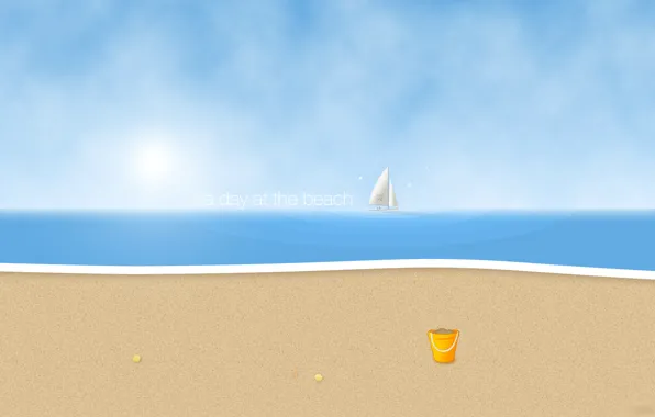 Картинка песок, волны, пляж, солнце, парусник, один день на пляже