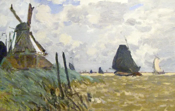 Картинка пейзаж, картина, Клод Моне, Ветряная Мельница возле Зандама