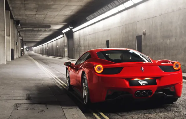 Картинка красный, Ferrari, red, спорткар, феррари, 458, тунель, Italia