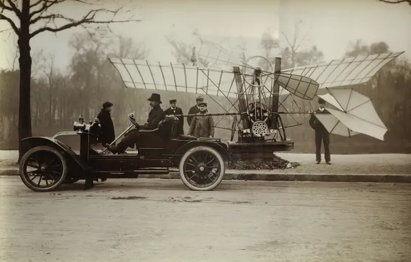 Картинка самолет, люди, автомобиль, Santos Dumont, бразильский авиатор