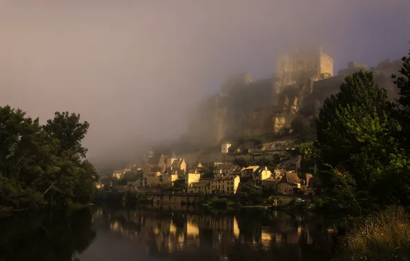 Картинка туман, замок, Франция, утро, средневековый, Шато-де-Бейнак, река Дордонь