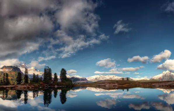 Картинка облака, горы, озеро, отражение, панорама
