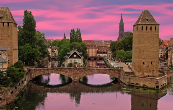 Картинка мост, город, река, фото, Франция, Alsace Strasbour