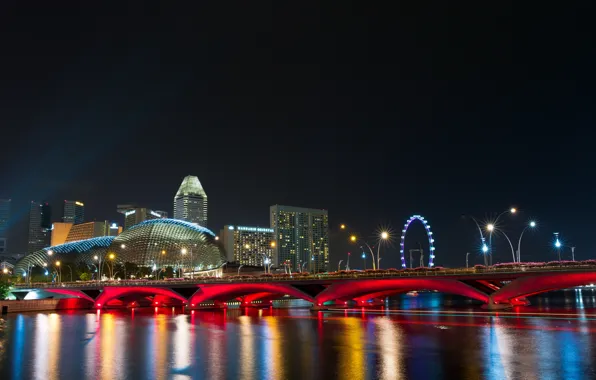 Картинка ночь, мост, дизайн, огни, здания, дома, фонари, Сингапур, набережная