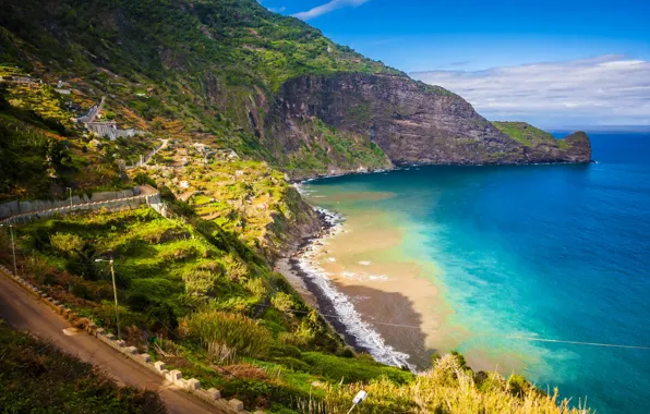 Картинка дорога, море, горы, камни, скалы, побережье, прибой, Португалия, серпантин, Madeira