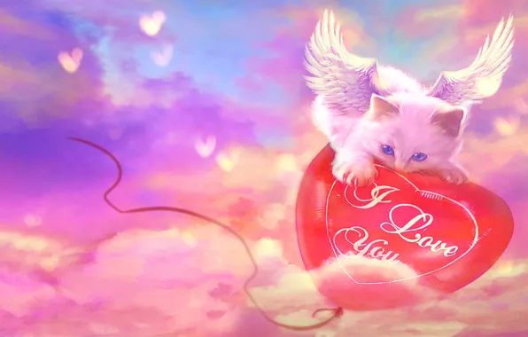 Картинка кошка, надпись, крылья, сердечки, я люблю тебя, воздушный шар