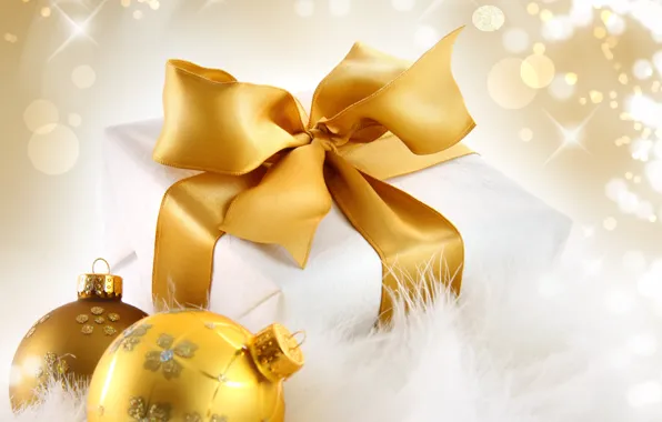 Картинка шарики, золото, праздник, коробка, подарок, шары, блестки, Новый Год, Рождество, лента, бант, золотые, упаковка