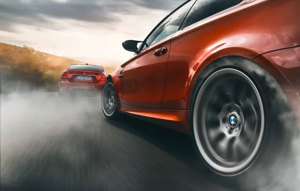 Картинка BMW, Orange, Car, Smoke, Sport, Wheels, Drifting