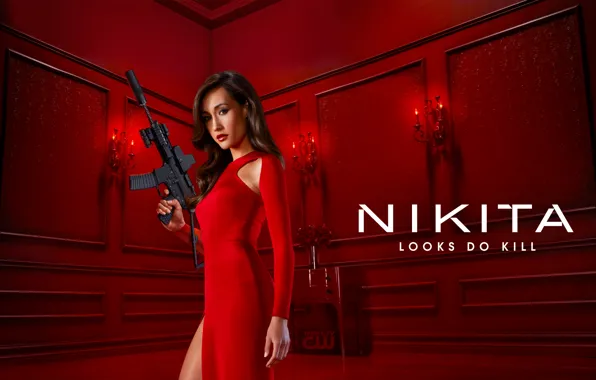 Картинка сериал, азиатка, красное платье, винтовка, Nikita, Maggie Q, красная комната, шпионы