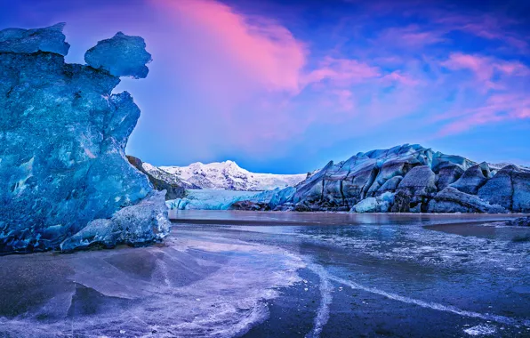 Картинка вода, закат, горы, лёд, Исландия, Iceland, Auster-Skaftafellssysla, ледник Ватнайёкюдль, Vatnajökull