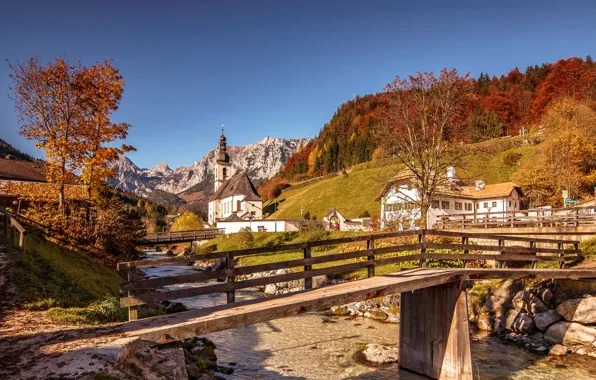 Картинка осень, деревья, горы, мост, дом, река, Германия, Бавария, Альпы, церковь
