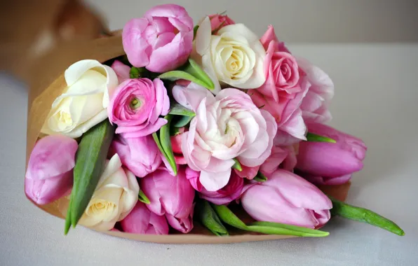 Картинка букет, тюльпаны, розовые, пионы, лютики