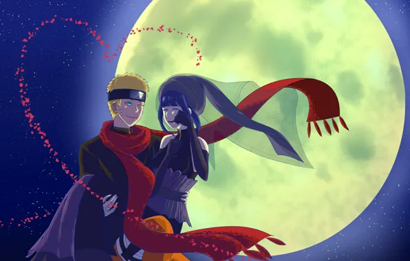 Картинка ночь, луна, naruto, art, Uzumaki Naruto, Naruto The Movie the Last, Hinata Hyugo, red scarf
