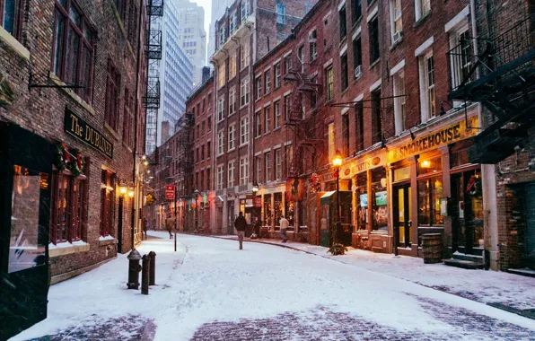 Картинка зима, дорога, снег, город, люди, улица, окна, здания, дома, Нью-Йорк, USA, США, Манхэттен, New York, …