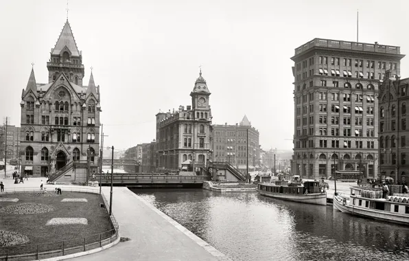 Картинка ретро, дома, Нью-Йорк, канал, США, 1904-й год