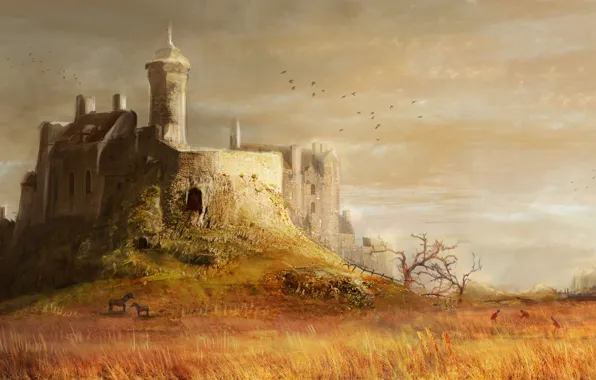 Картинка трава, деревья, замок, кони, холм, башни, средневековый