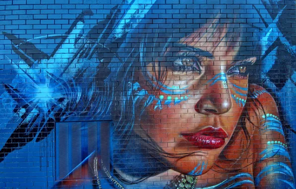 Картинка девушка, стена, граффити, рисунок