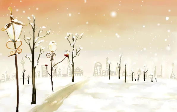 Картинка зима, дорога, снег, деревья, огни, дома, Рисунок, фонарь, Новый год