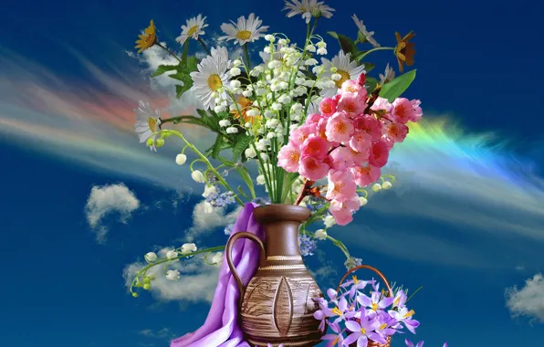 Картинка небо, букет, Весна, ваза